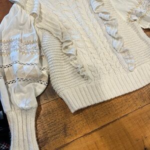 Anthropologie Cream Cable Knit Sweater with Ruffle Accents